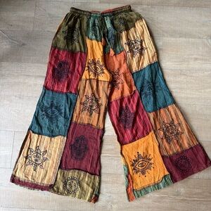 Karma Nepal Craft Patchwork Pants Colorful Wide Leg Hippie Bohemian multi med